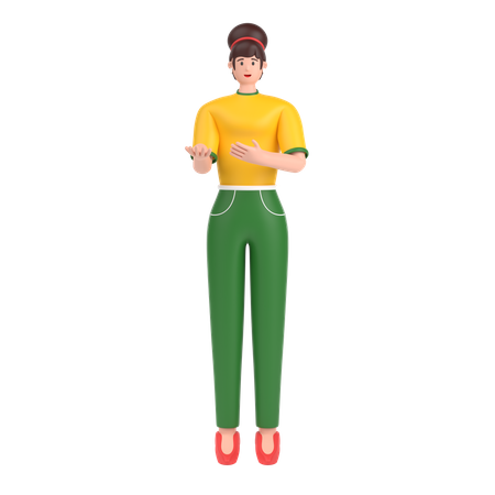 Menina apresentando algo em pé e sorrindo  3D Icon
