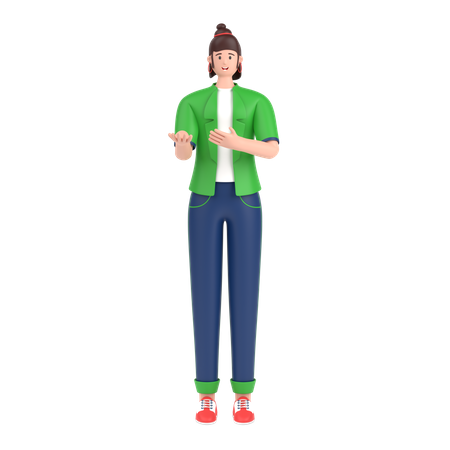 Menina apresentando algo em pé e sorrindo  3D Icon