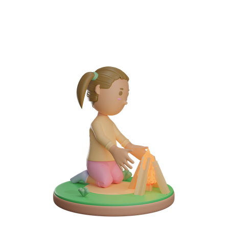 Menina aquecendo o corpo na fogueira  3D Illustration