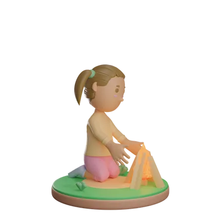 Menina aquecendo o corpo na fogueira  3D Illustration