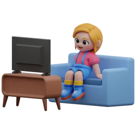 Menina assistindo tv no sofa  3D Illustration