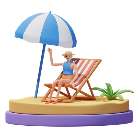 Garota tomando banho de sol na cadeira na praia  3D Illustration