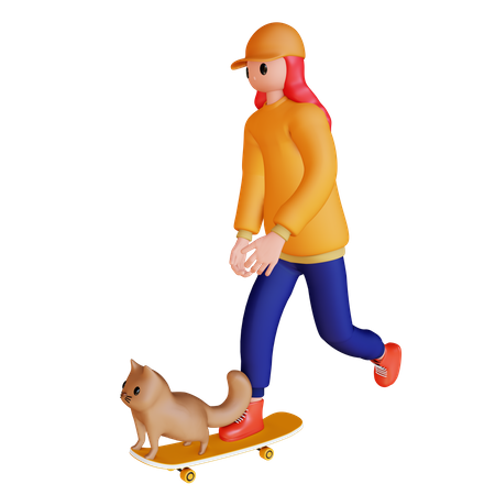 Menina brincando de skate com cachorro  3D Illustration