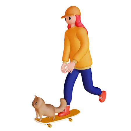 Menina brincando de skate com cachorro  3D Illustration