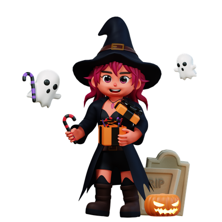 Menina bruxa segurando um presente de Halloween  3D Illustration