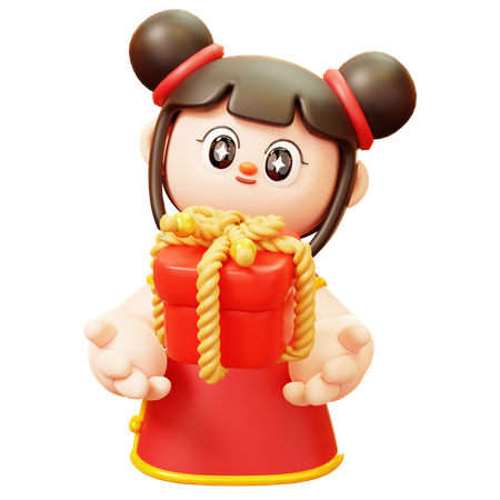 Menina Chinesa Com Caixa De Presente  3D Illustration