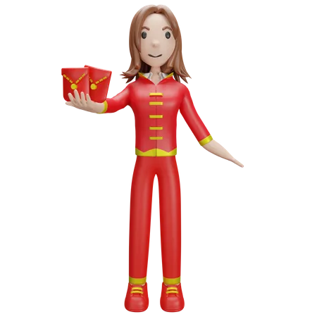 Menina chinesa com envelope chinês  3D Illustration