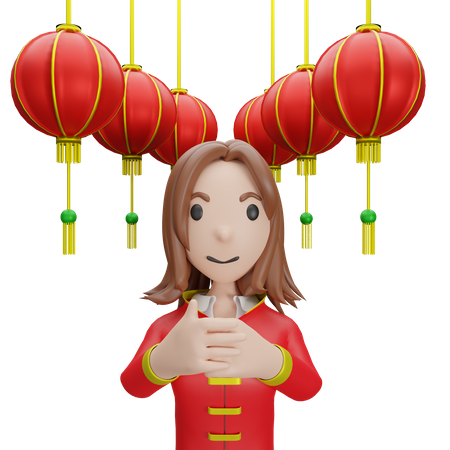 Menina chinesa com lâmpada chinesa  3D Illustration