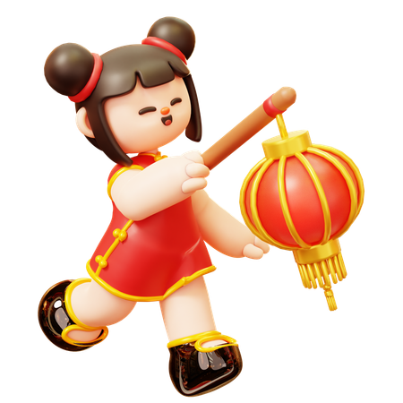 Menina chinesa com lanterna  3D Illustration