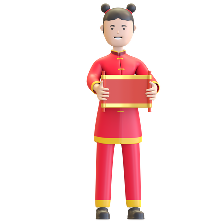 Menina chinesa segurando uma carta de rolagem chinesa  3D Illustration