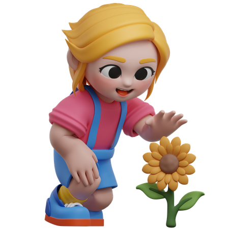 Menina colhendo flores  3D Illustration