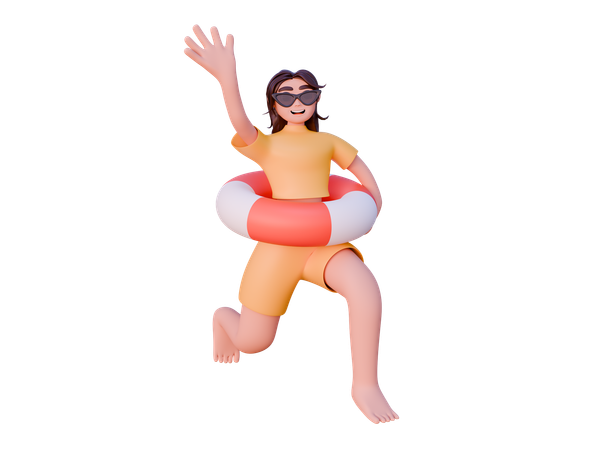 Menina com anel inflável acenando com a mão  3D Icon