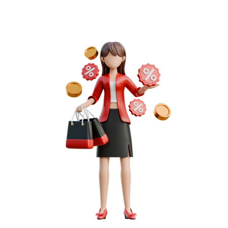 Menina com confete e um banner de desconto  3D Illustration