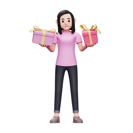 Garota Oferece Duas Opcoes De Presentes Para A Celebracao Do Dia Dos Namorados Ilustracao De Personagem 3 D Conceito De Dia Dos Namorados 3D Illustration