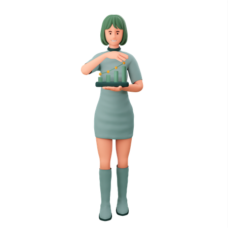 Menina com gráfico de estatísticas crescentes na mão  3D Icon