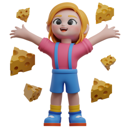 Menina com pedaços de queijo flutuantes  3D Illustration