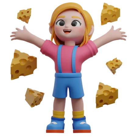 Menina com pedaços de queijo flutuantes  3D Illustration