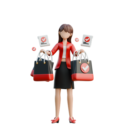 Menina com sacolas de compras e um recibo  3D Illustration