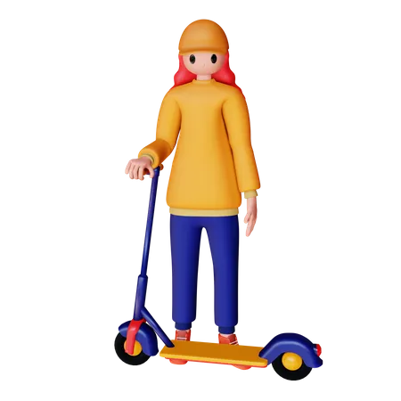Garota com scooter elétrica  3D Illustration