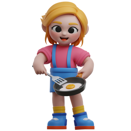 Menina cozinhando ovo frito  3D Illustration