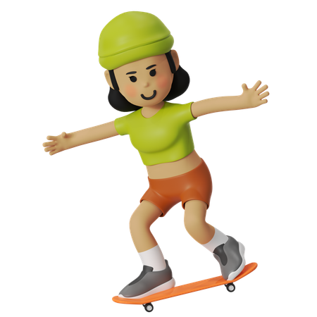 Menina se divertindo com patinação manual com skate  3D Illustration