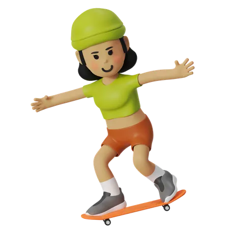 Menina se divertindo com patinação manual com skate  3D Illustration