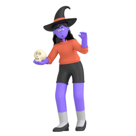 Garota de halloween segurando caveira  3D Illustration