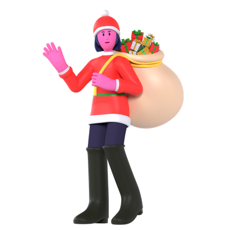 Menina de Natal carregando sacola contendo presentes  3D Icon