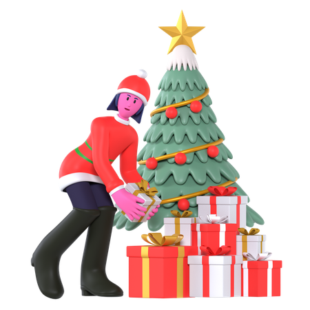 Menina de Natal decorando árvore de Natal  3D Icon