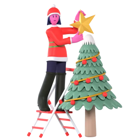 Menina de Natal decorando árvore de Natal  3D Icon
