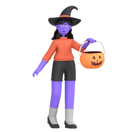 Garota de halloween segurando uma cesta de abóbora  3D Illustration