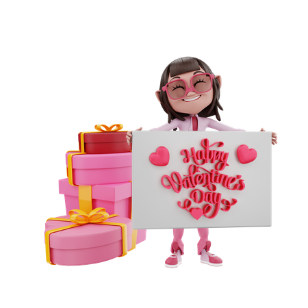Garota dos namorados com presentes segurando banner do dia dos namorados  3D Illustration
