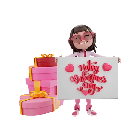 Garota dos namorados com presentes segurando banner do dia dos namorados  3D Illustration