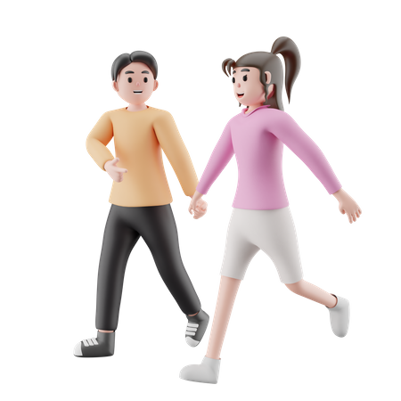 Menina e homem correndo juntos  3D Illustration