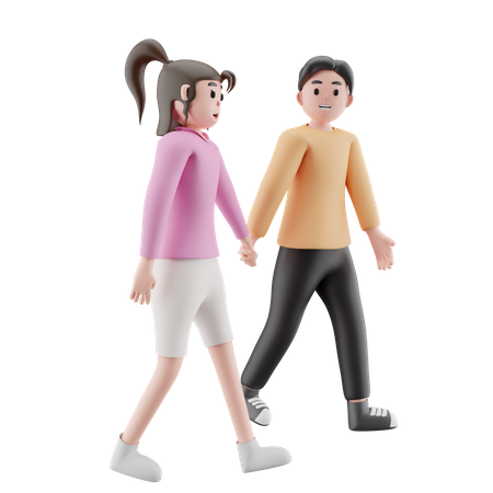 Menina e homem de mãos dadas e caminhando juntos  3D Illustration