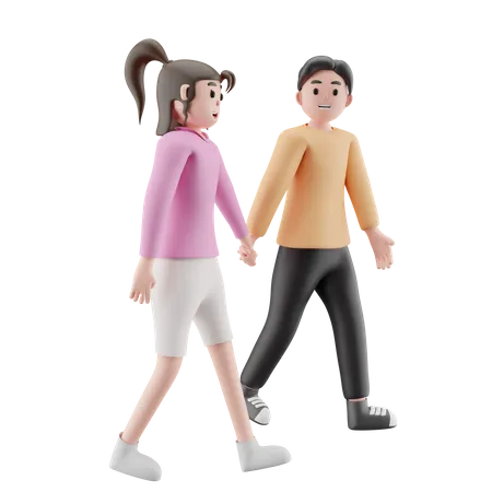 Menina e homem de mãos dadas e caminhando juntos  3D Illustration