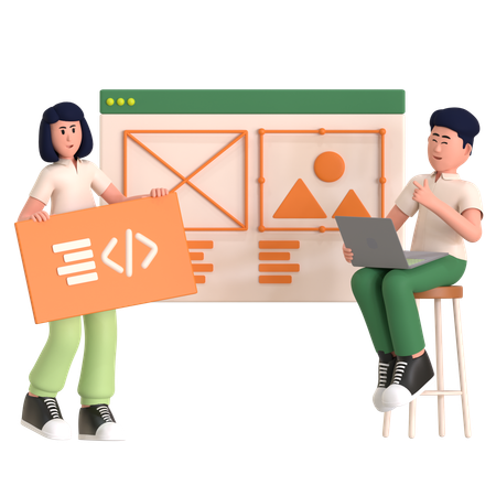 Menina e homem trabalhando em desenvolvimento Web  3D Illustration