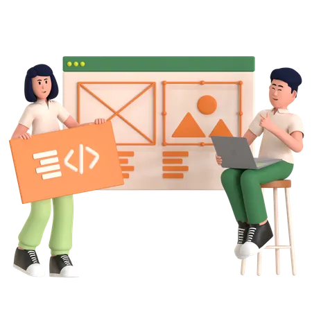 Menina e homem trabalhando em desenvolvimento Web  3D Illustration