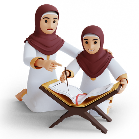 Menina e mãe lendo o Alcorão  3D Illustration
