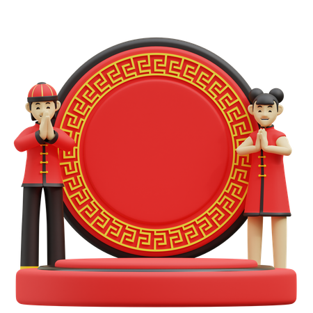 Menina e menino chineses são bem-vindos no pódio vermelho  3D Illustration