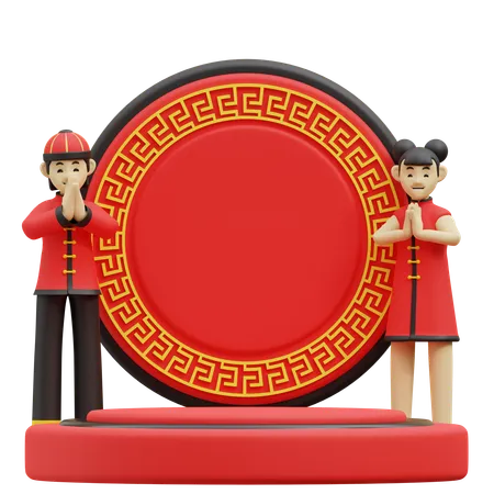 Menina e menino chineses são bem-vindos no pódio vermelho  3D Illustration