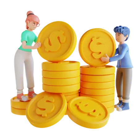 Menina e menino economizando dinheiro  3D Illustration