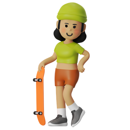 Menina em pé com skate  3D Illustration