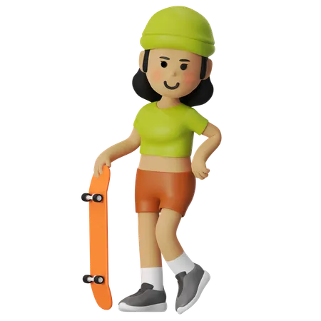 Menina em pé com skate  3D Illustration