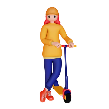 Garota em pé perto de scooter elétrica  3D Illustration