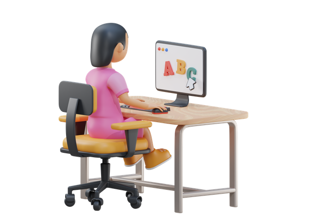 Menina estudando no computador  3D Illustration