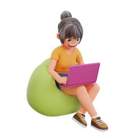 3 D Render Linda Garota Sentada Segurando Laptop Estudando Em Casa 3D Illustration