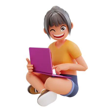 Menina estuda no laptop em casa  3D Illustration