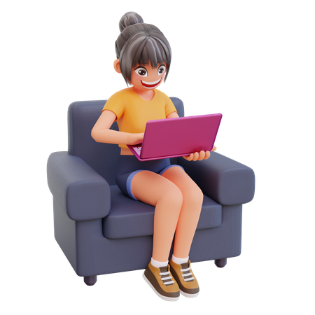 Menina estudando em casa no laptop  3D Illustration