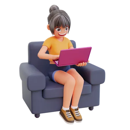 Menina estudando em casa no laptop  3D Illustration